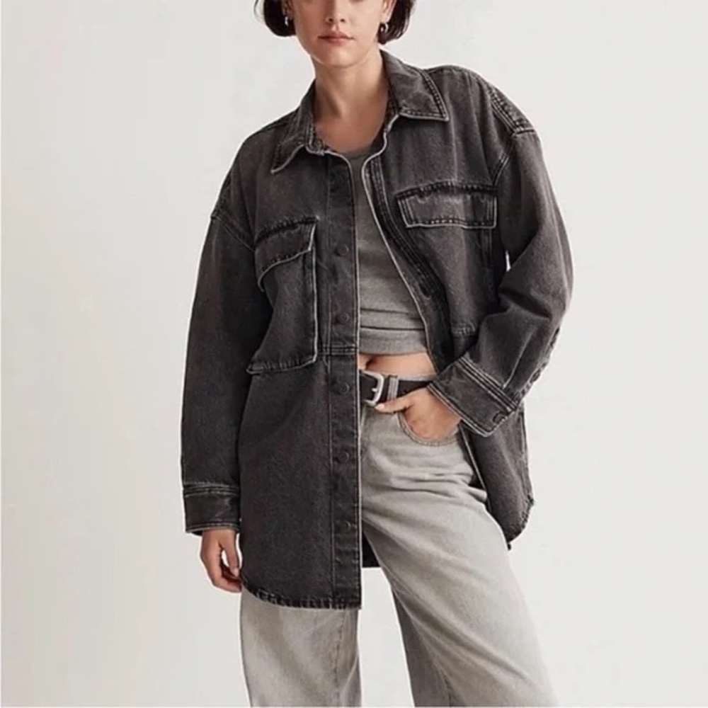 NWOT Madewell denim oversized cargo shirt jacket in lunar wash XXS